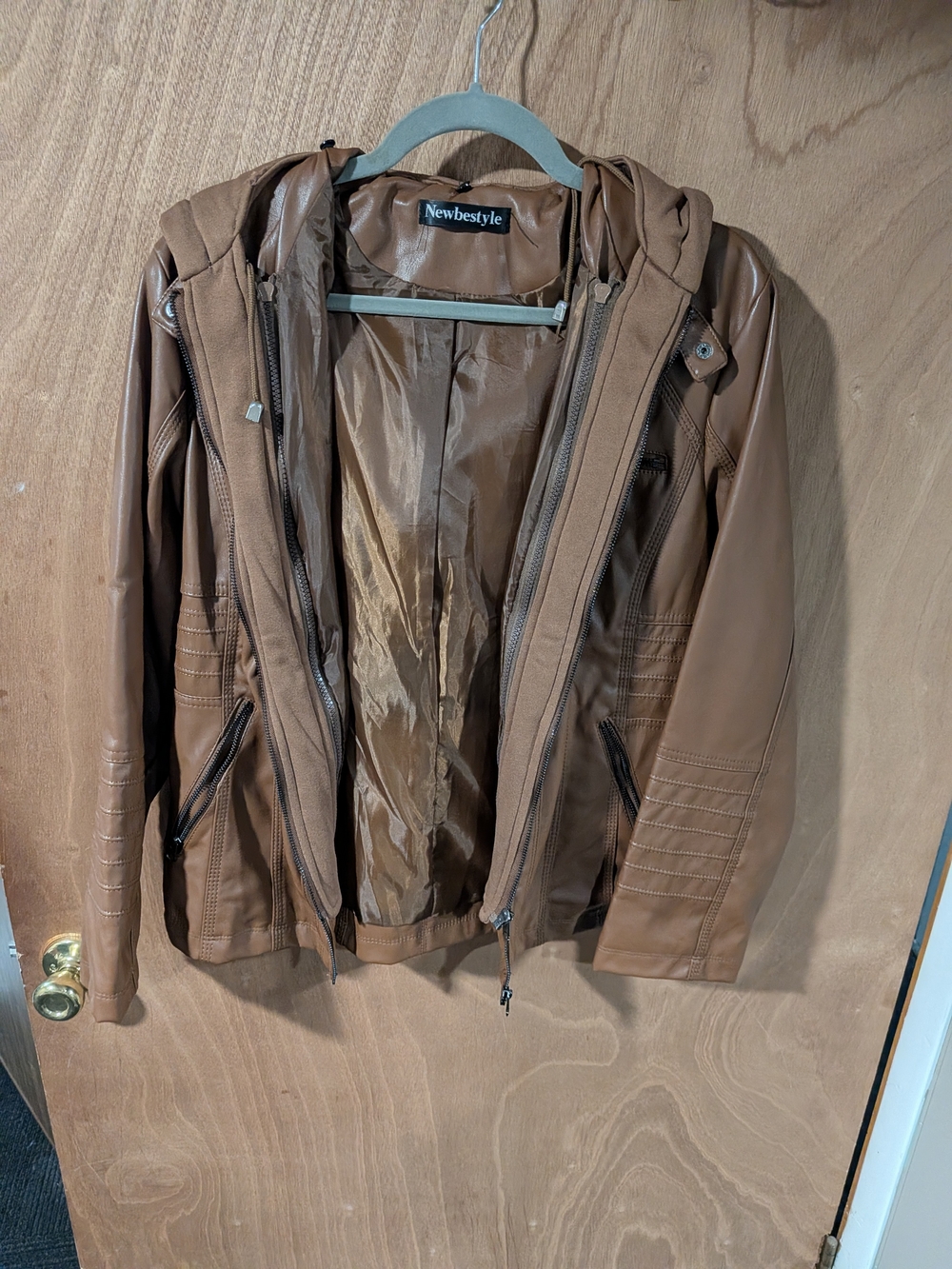 Women's Tan Faux Leather Hooded Jacket